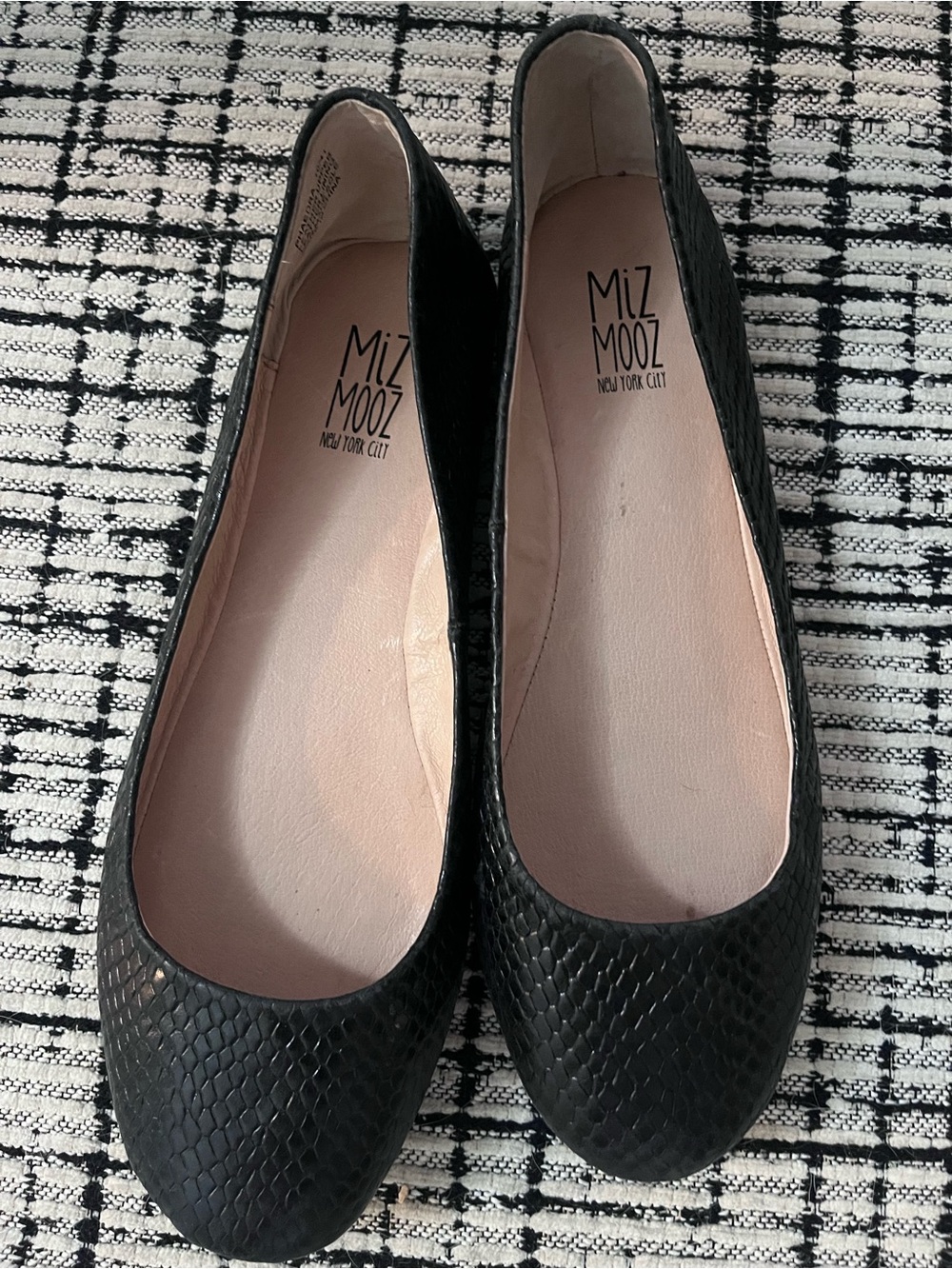 Miz Mooz Black Snakeskin-Textured Ballet Flats